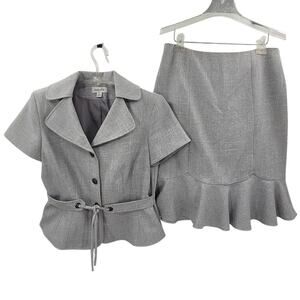 Isabella Suits Vintage Belted 3 Button Short Sleeve‎ Ruffled Trim Midi Skirt Set